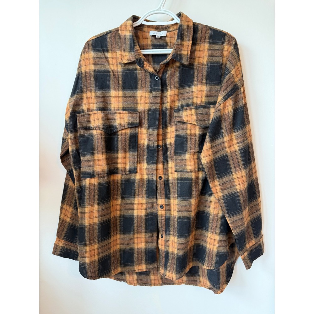ACOA Orange Black Plaid Flannel Button Down Shirt Oversized Chest Pockets Medium